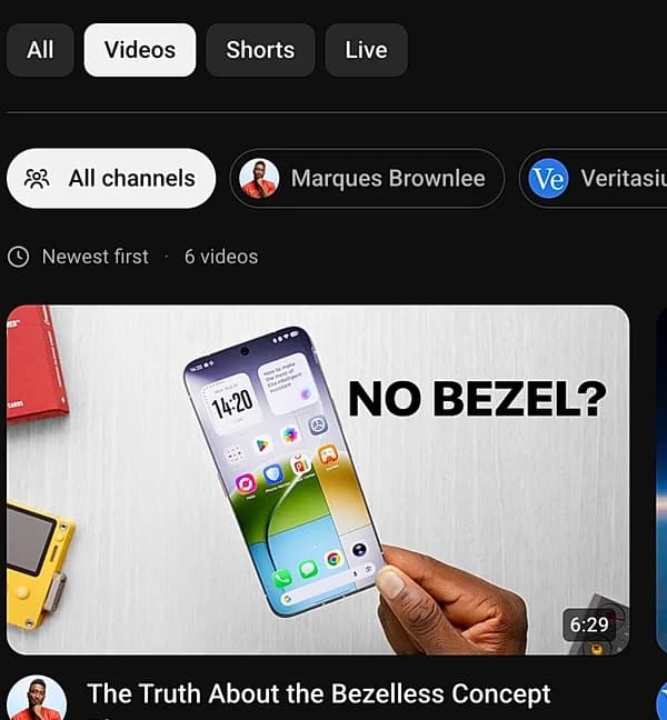Retube’s All, Videos, Shorts, and Live filter controls above the feed