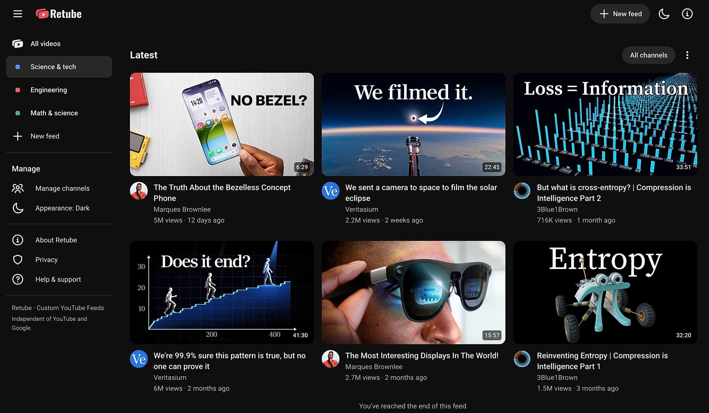 Retube’s real Science & tech feed, with a sidebar of custom feeds and videos from Marques Brownlee, Veritasium, and 3Blue1Brown.
