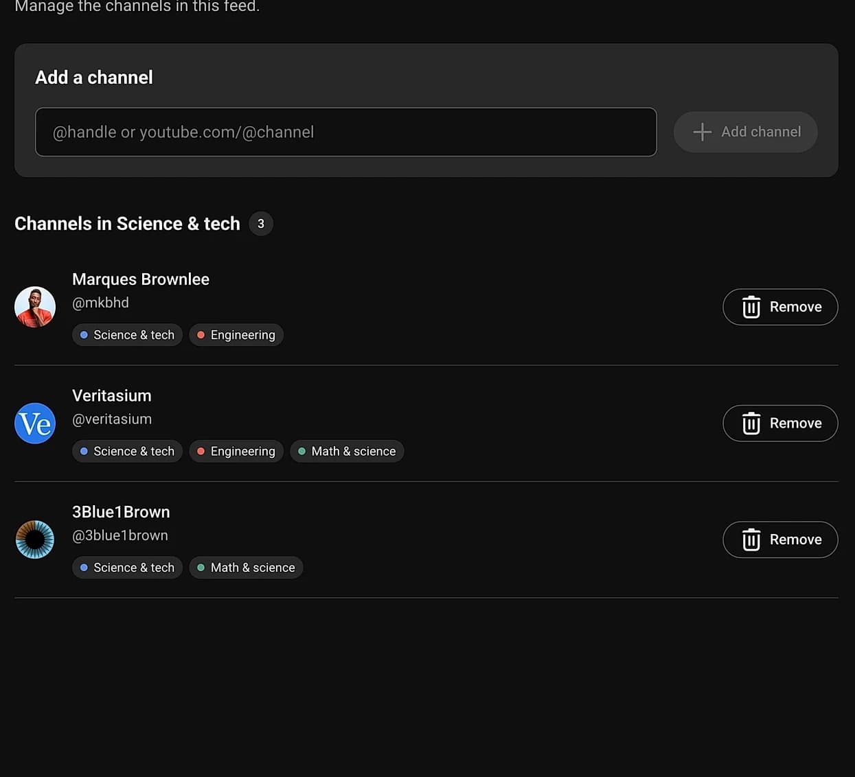 Retube’s add-channel form and the channels added to Science & tech