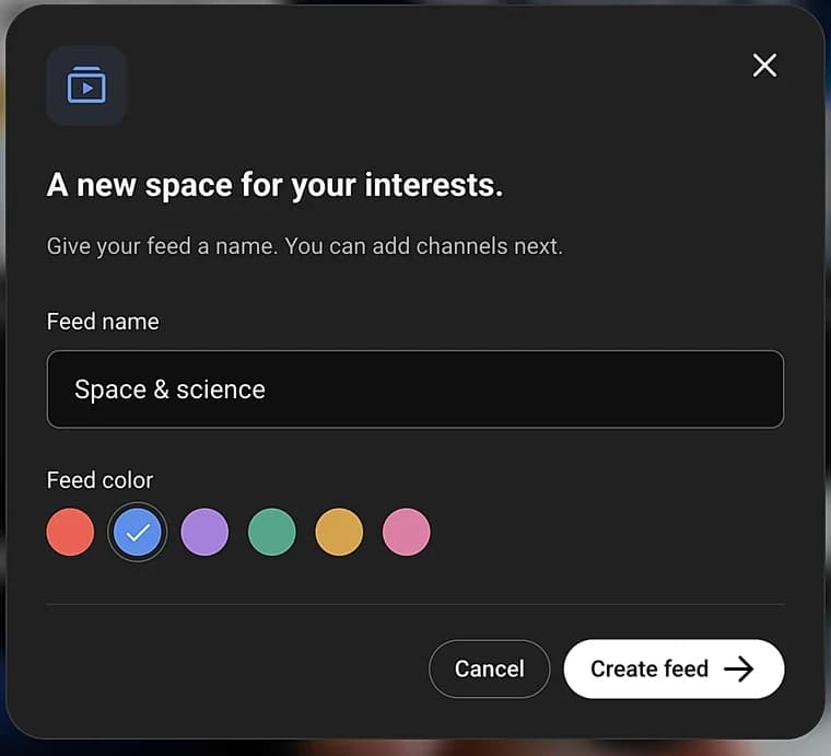 Retube’s create-feed dialog with name and feed color controls